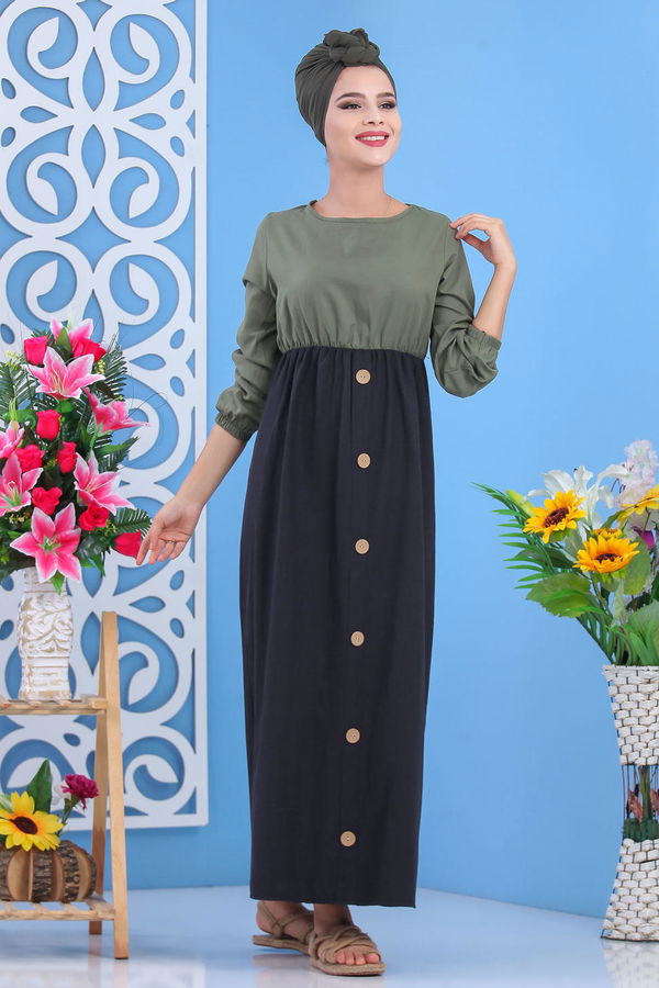 Dügme Detay Elbise Haki Haki - 7591 HAKİ