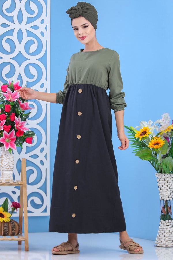 Dügme Detay Elbise Haki Haki - 7591 HAKİ