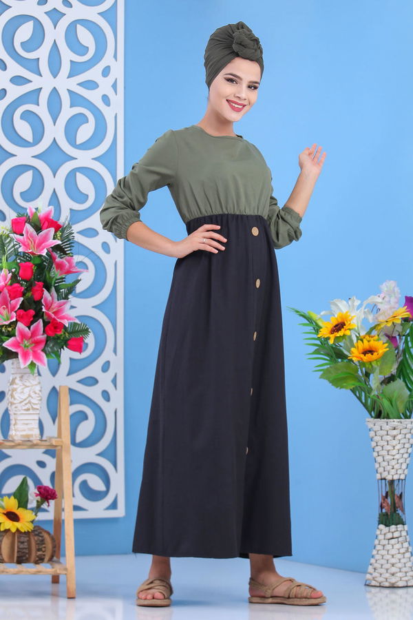 Dügme Detay Elbise Haki Haki - 7591 HAKİ