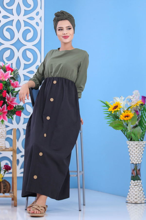 Dügme Detay Elbise Haki Haki - 7591 HAKİ