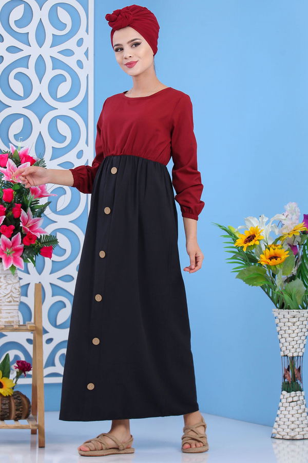 Dügme Detay Elbise Haki Bordo - 7591 BORDO