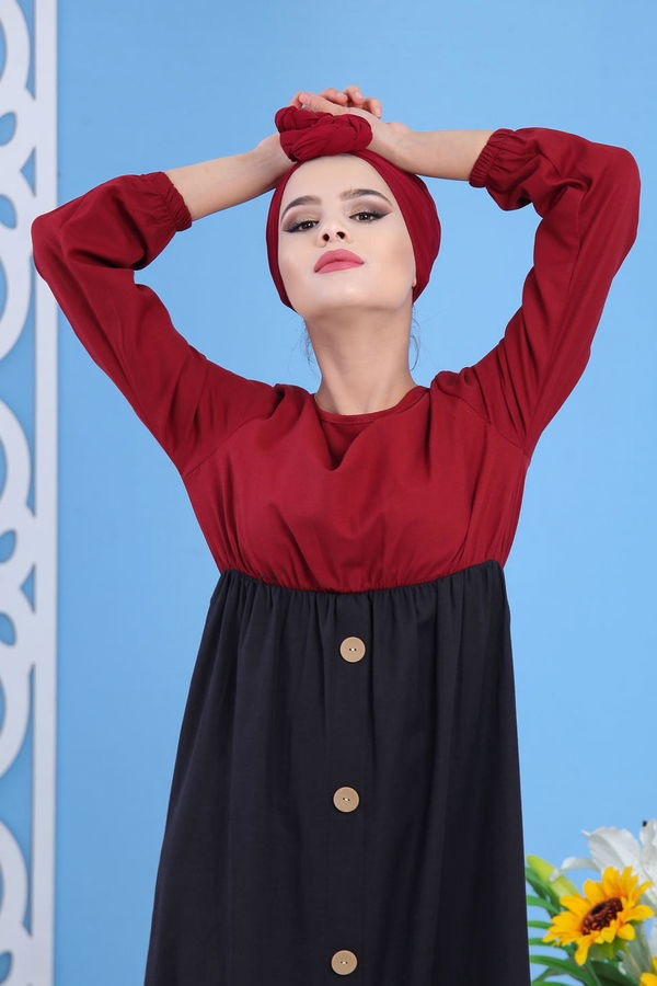Dügme Detay Elbise Haki Bordo - 7591 BORDO