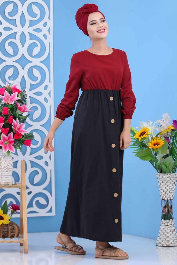 Dügme Detay Elbise Haki Bordo - 7591 BORDO