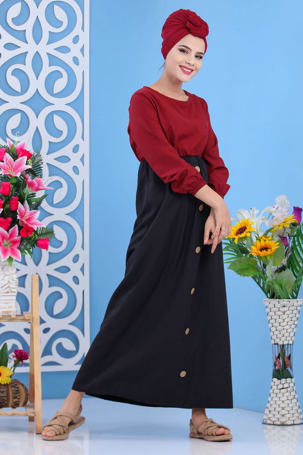 Dügme Detay Elbise Haki Bordo - 7591 BORDO