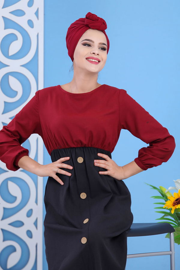 Dügme Detay Elbise Haki Bordo - 7591 BORDO