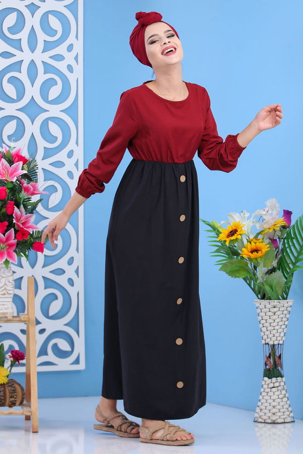 Dügme Detay Elbise Haki Bordo - 7591 BORDO