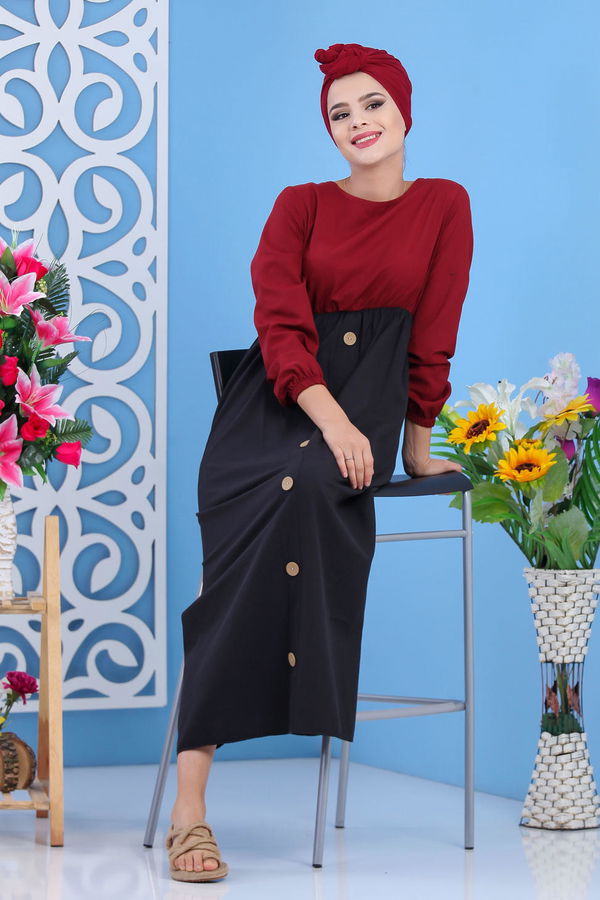 Dügme Detay Elbise Haki Bordo - 7591 BORDO