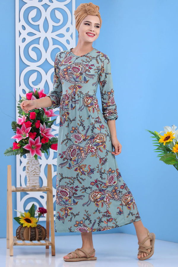 Desenli Elbise Camel Yeşil - 7592