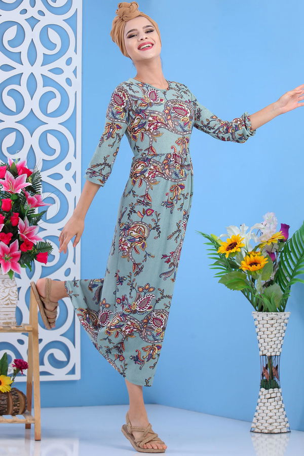 Desenli Elbise Camel Yeşil - 7592