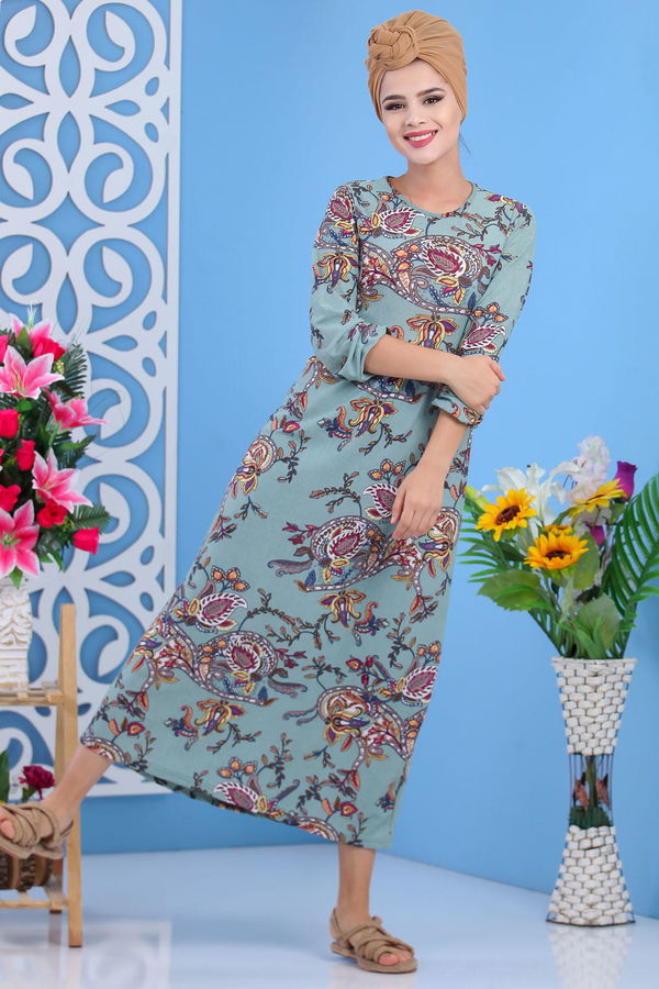 Desenli Elbise Camel Yeşil - 7592