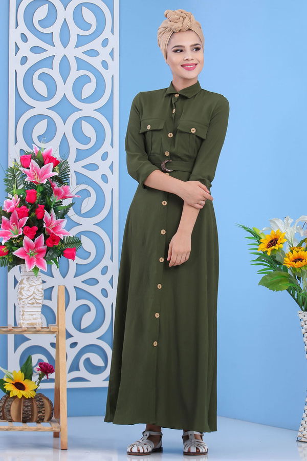 Dügmeli Elbise Haki - 02 7309 Haki - 7309 HAKİ