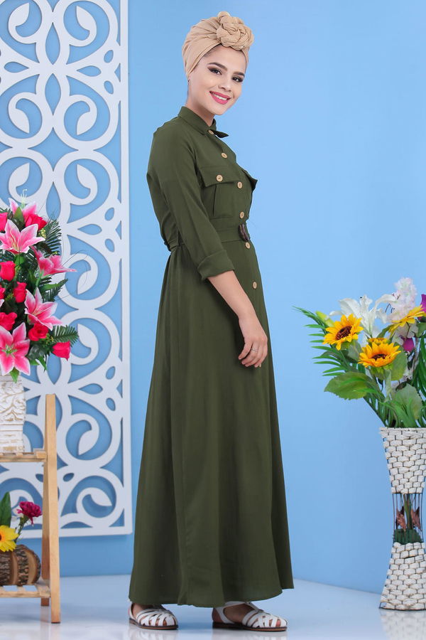 Dügmeli Elbise Haki - 02 7309 Haki - 7309 HAKİ