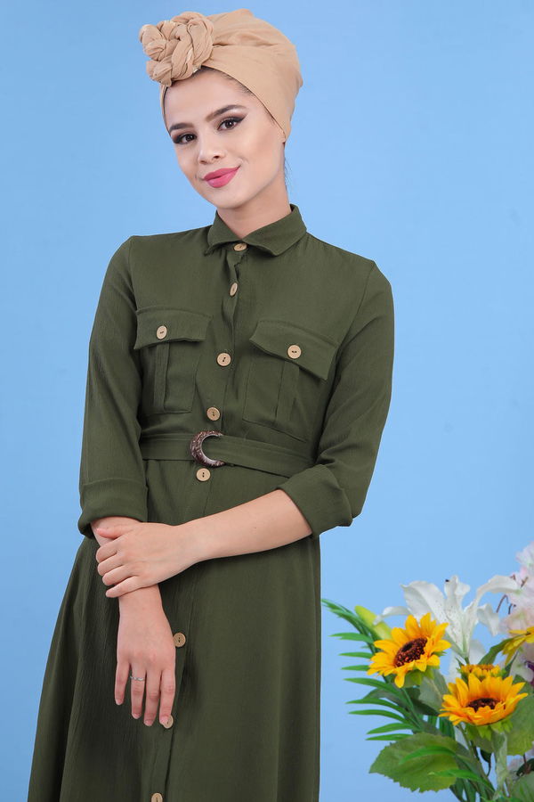 Dügmeli Elbise Haki - 02 7309 Haki - 7309 HAKİ