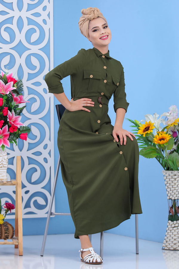Dügmeli Elbise Haki - 02 7309 Haki - 7309 HAKİ