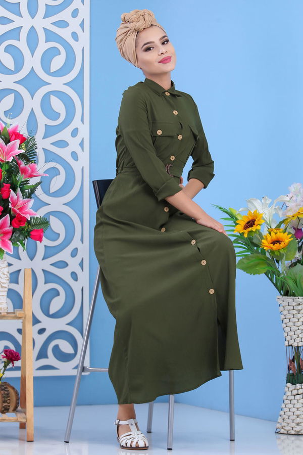 Dügmeli Elbise Haki - 02 7309 Haki - 7309 HAKİ