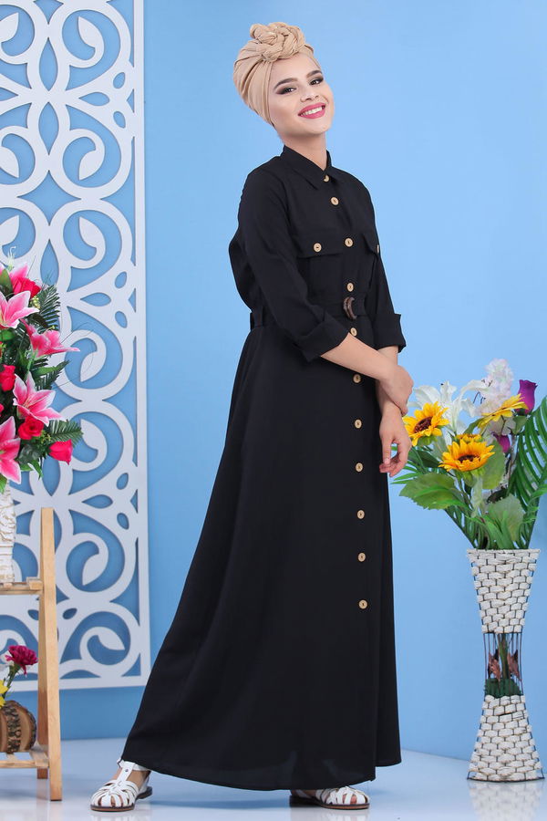 Dügmeli Elbise Siyah - 02 7309 Siyah - 7309 SİYAH