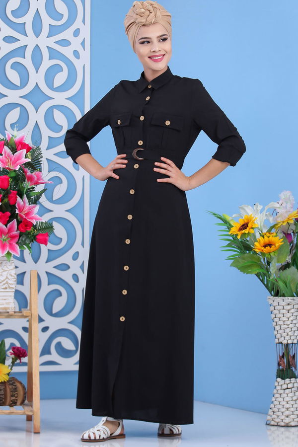 Dügmeli Elbise Siyah - 02 7309 Siyah - 7309 SİYAH
