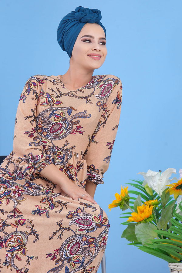 Desenli Elbise Camel Taba - 7592