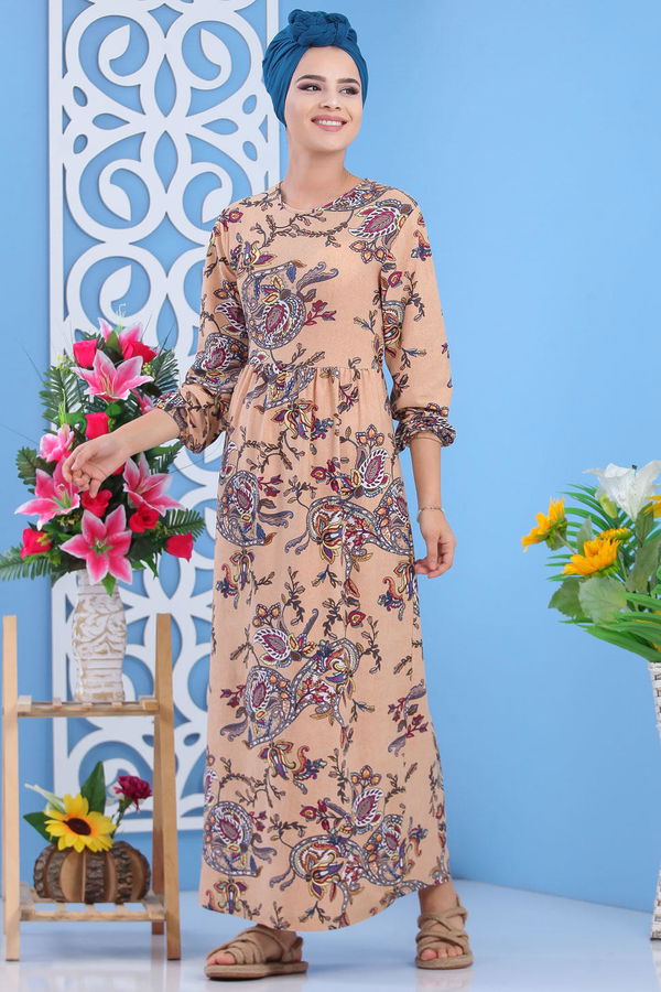 Desenli Elbise Camel Taba - 7592