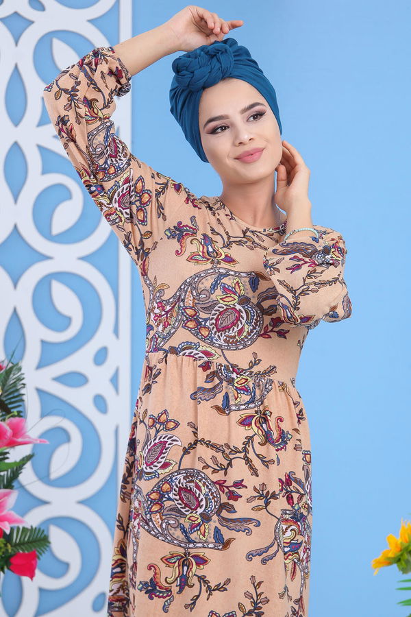 Desenli Elbise Camel Taba - 7592