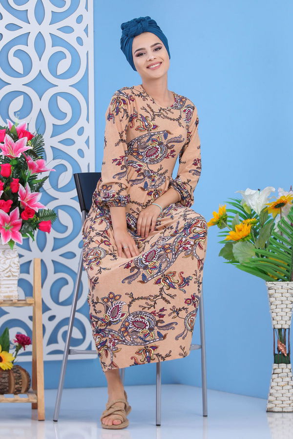 Desenli Elbise Camel Taba - 7592