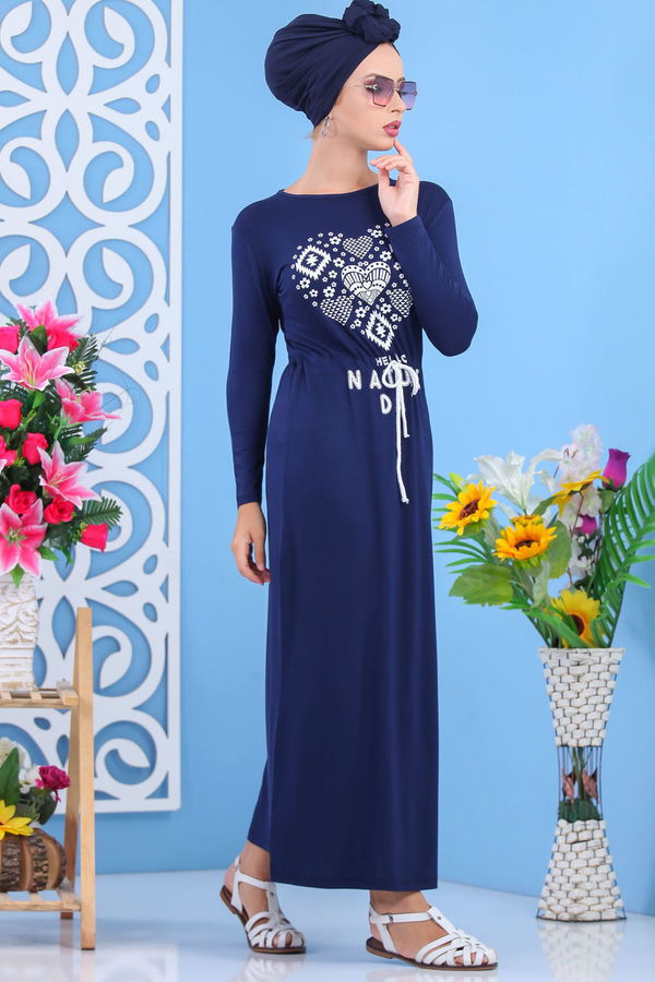Baskılı Elbise Siyah Lacivert - 5124 LACİVERT