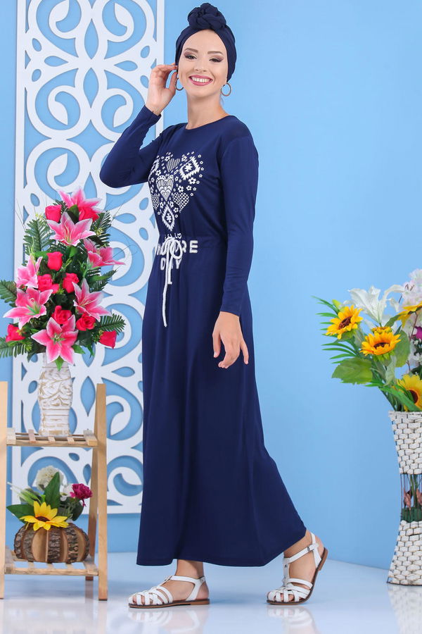 Baskılı Elbise Siyah Lacivert - 5124 LACİVERT