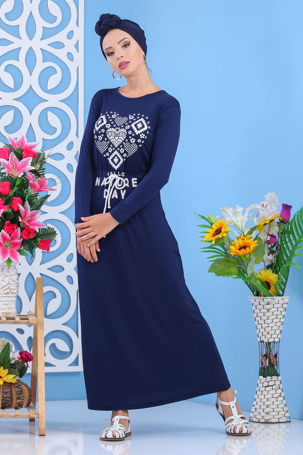 Baskılı Elbise Siyah Lacivert - 5124 LACİVERT