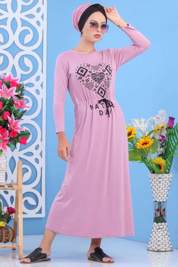 Baskılı Elbise Siyah Pembe - 5124 PEMBE