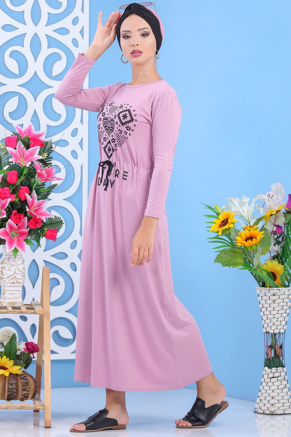 Baskılı Elbise Siyah Pembe - 5124 PEMBE