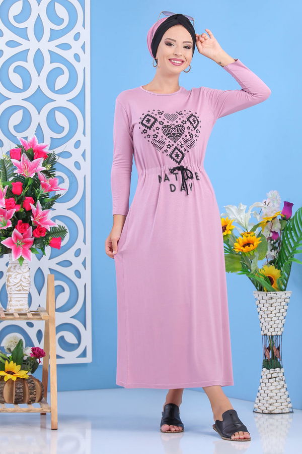 Baskılı Elbise Siyah Pembe - 5124 PEMBE