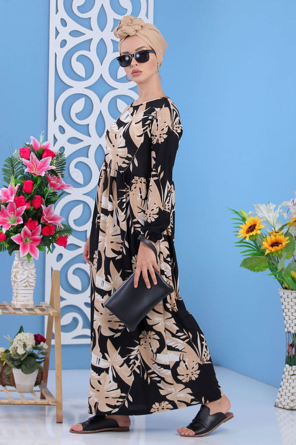 Desenli Elbise Siyah Vizon Siyah - 7629 SİYAH