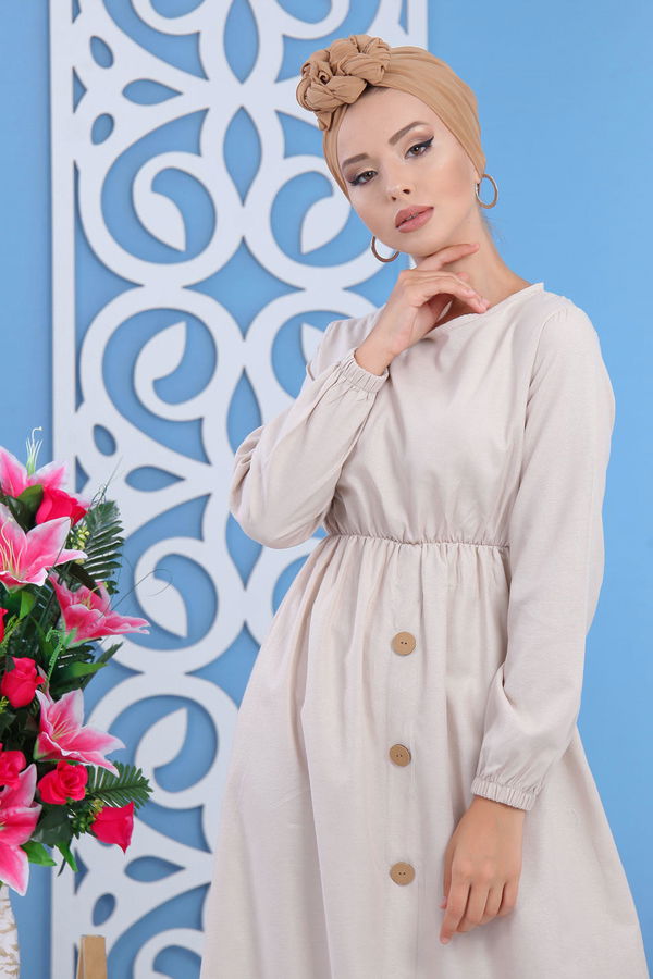 Dügme Detay Elbise Siyah Bej - 7160 BEJ
