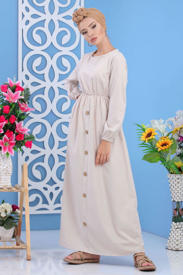 Dügme Detay Elbise Siyah Bej - 7160 BEJ