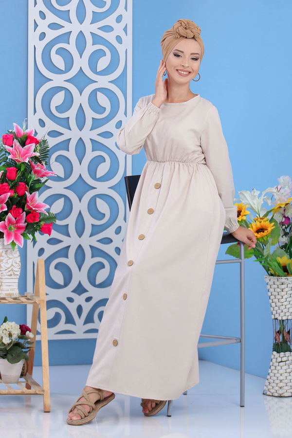 Dügme Detay Elbise Siyah Bej - 7160 BEJ