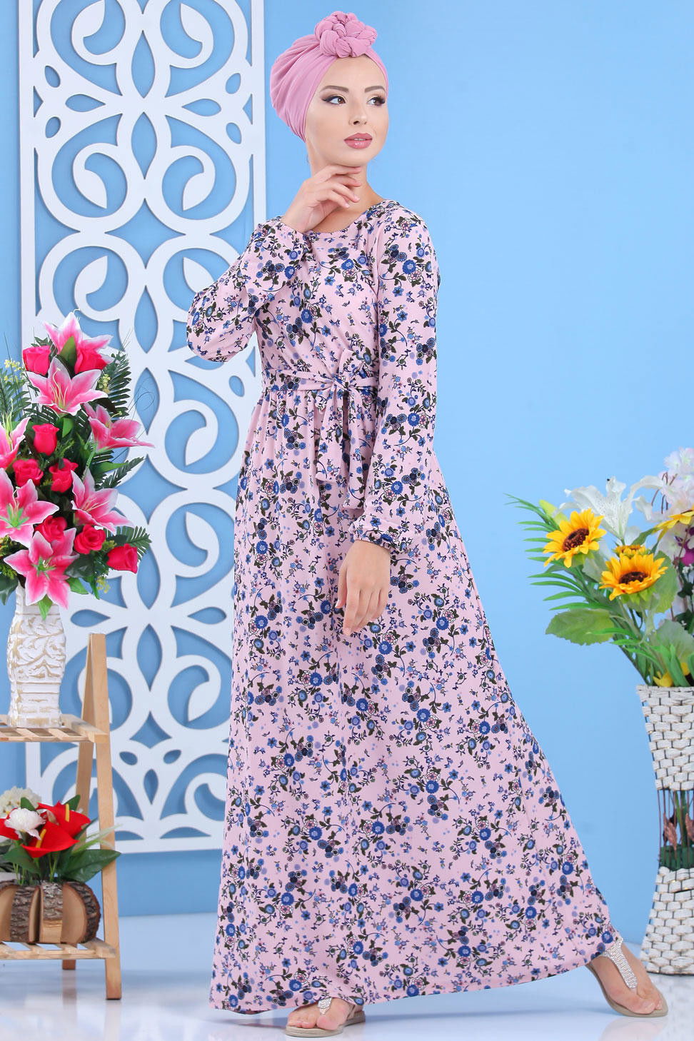 Desenli Elbise Pudra Pembe - 7637