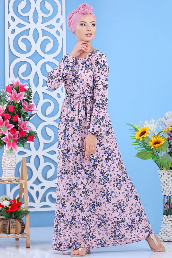 Desenli Elbise Pudra Pembe - 7637