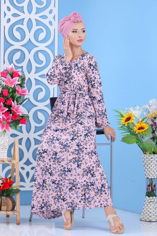 Desenli Elbise Pudra Pembe - 7637