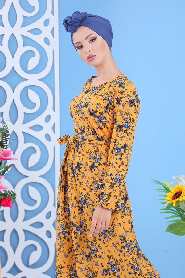 Desenli Elbise Pudra Sarı - 7637 Sarı