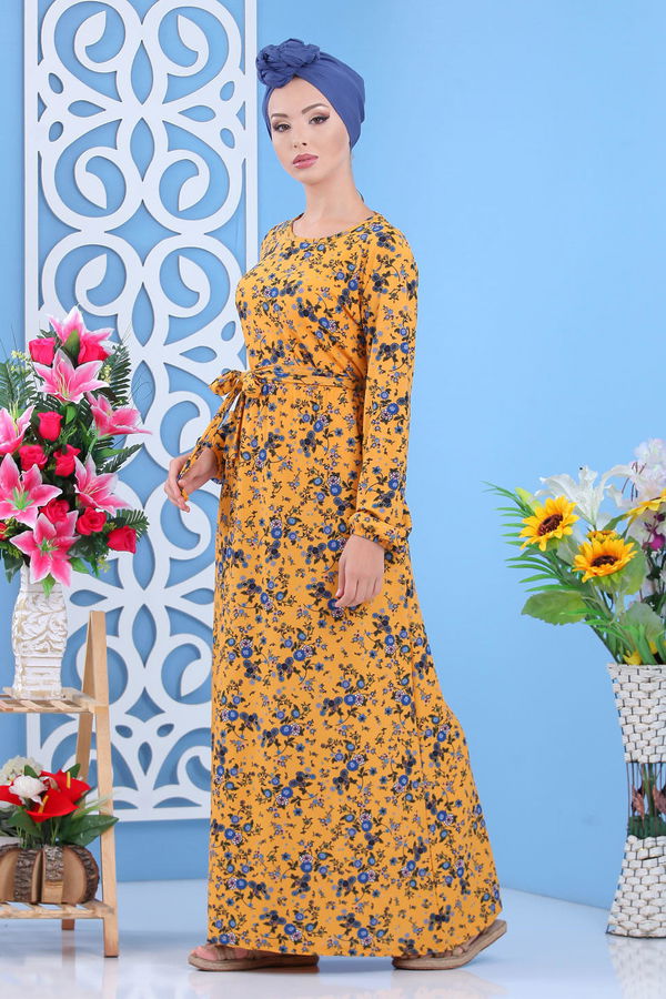Desenli Elbise Pudra Sarı - 7637 Sarı
