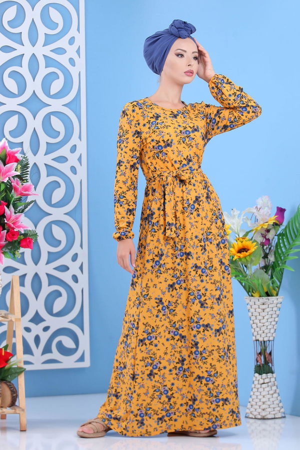 Desenli Elbise Pudra Sarı - 7637 Sarı