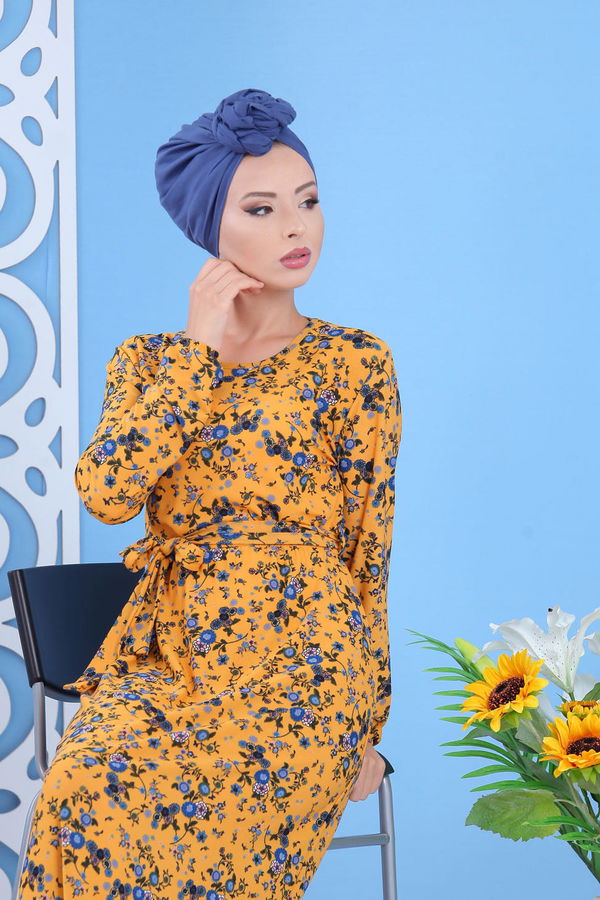Desenli Elbise Pudra Sarı - 7637 Sarı