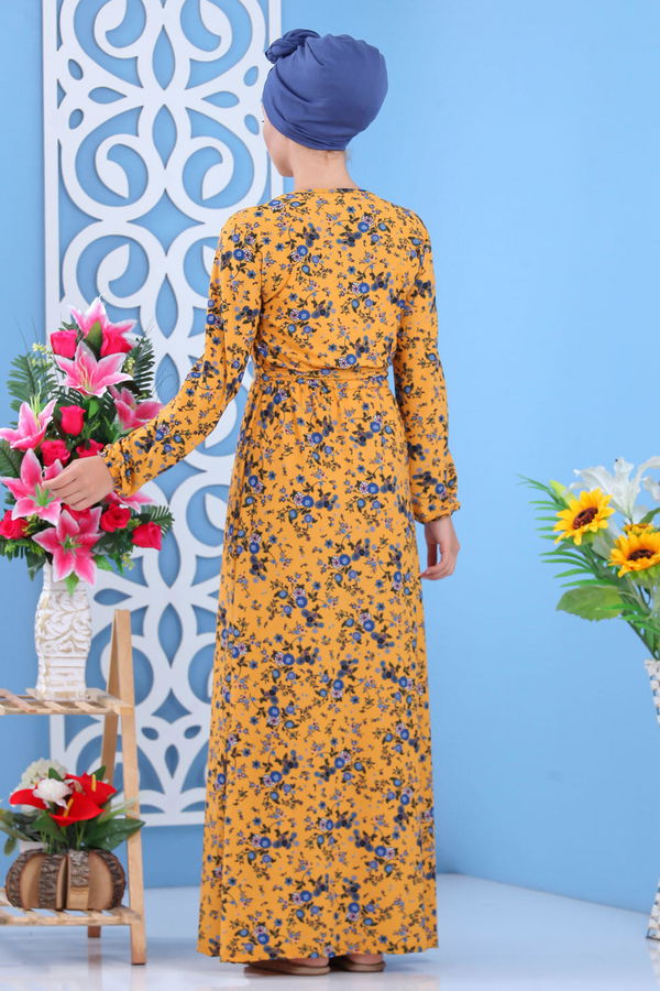Desenli Elbise Pudra Sarı - 7637 Sarı