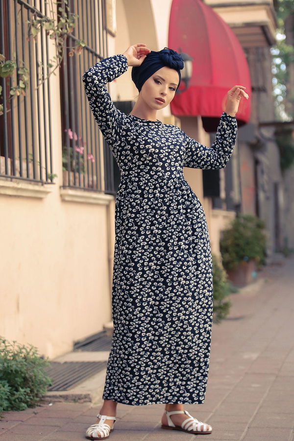 Desenli Elbise Lacivert  Lacivert - 7589 LACİVERT
