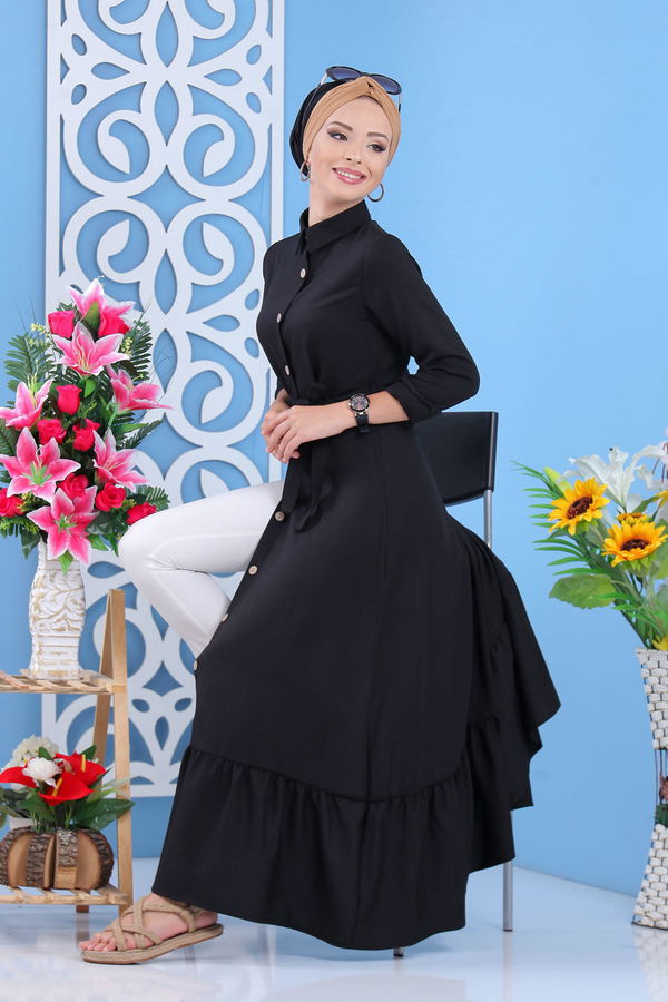 Kuşaklı Elbise Siyah  Siyah - 7640