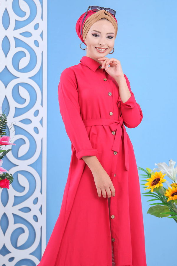 Kuşaklı Elbise Siyah  Fuşya - 7640 FUŞYA