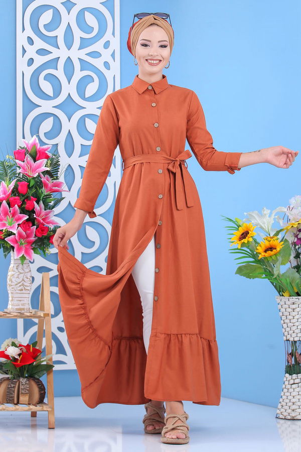 Kuşaklı Elbise Siyah  Kiremit - 7640 KİREMİT