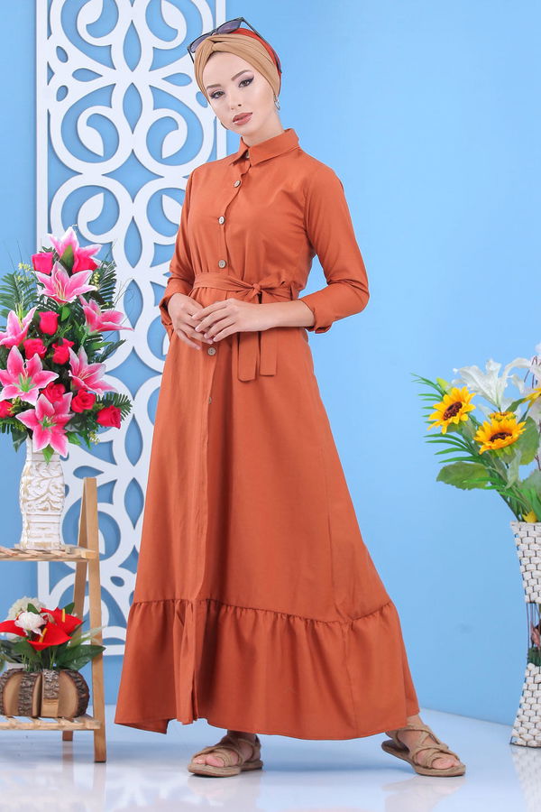 Kuşaklı Elbise Siyah  Kiremit - 7640 KİREMİT