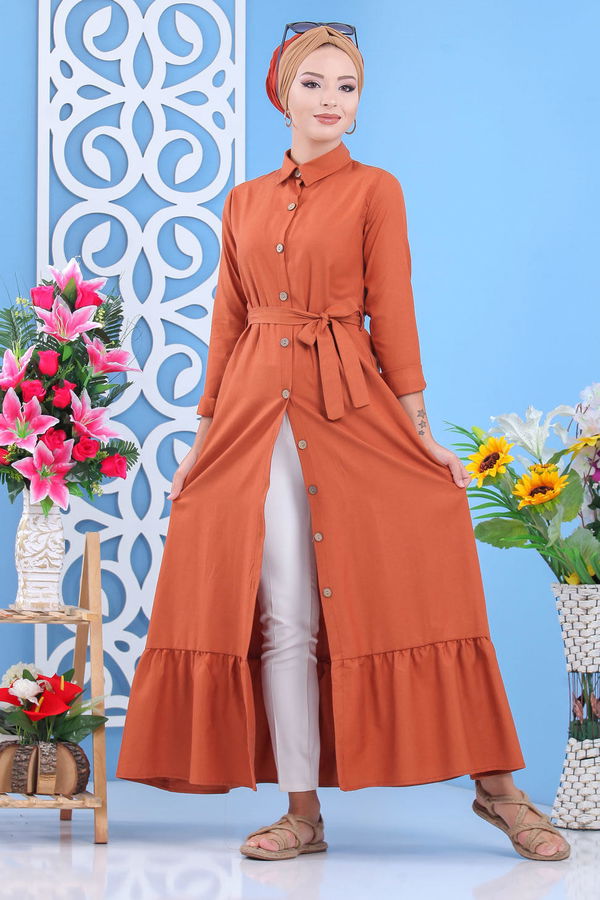 Kuşaklı Elbise Siyah  Kiremit - 7640 KİREMİT