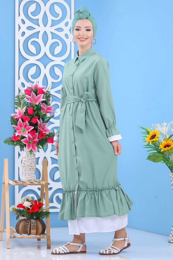 Fırlırlı Elbise Siyah  Yeşil - 7638 YEŞİL